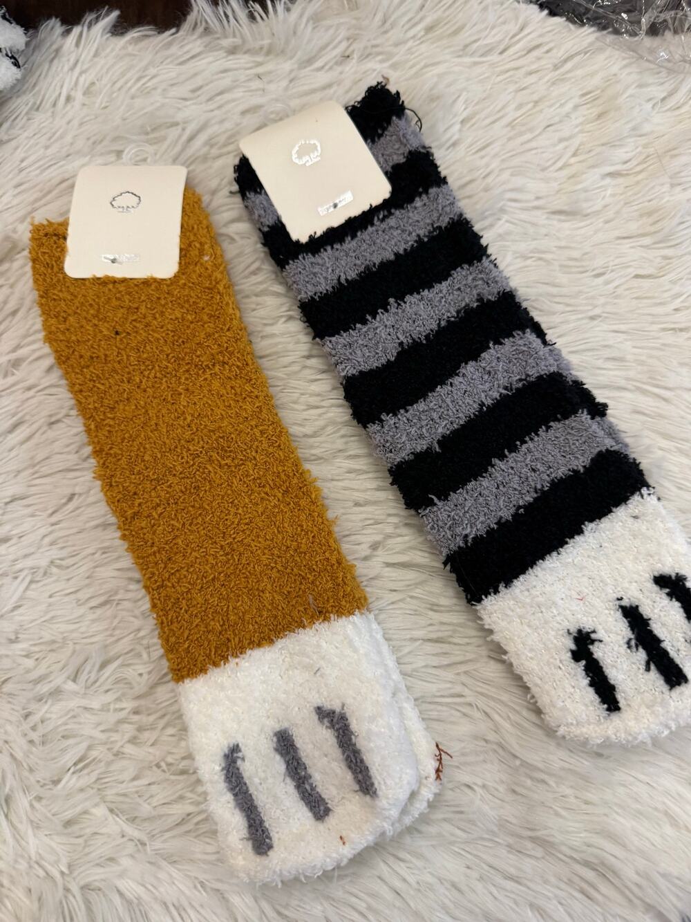 Cute fuzzy cat socks black/gray stripes and white paw print at the toe set of 2